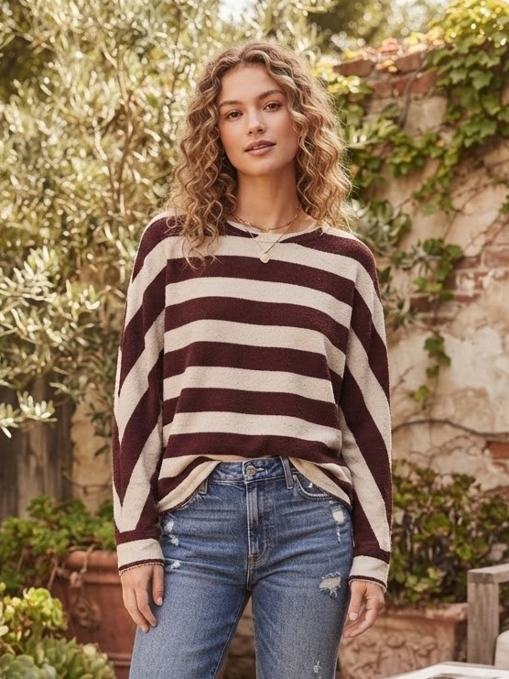 BKE Striped Maroon and Cream Scoop Neck Sweater
